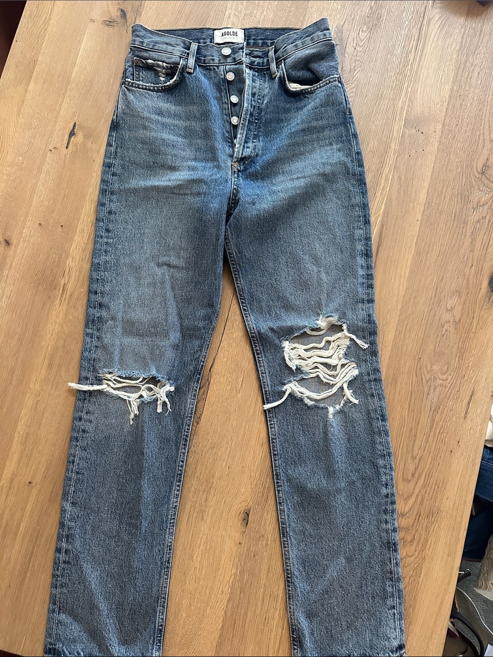 Agolde High-Rise Distressed Straight Jeans in Washed Black Denim SZ 24